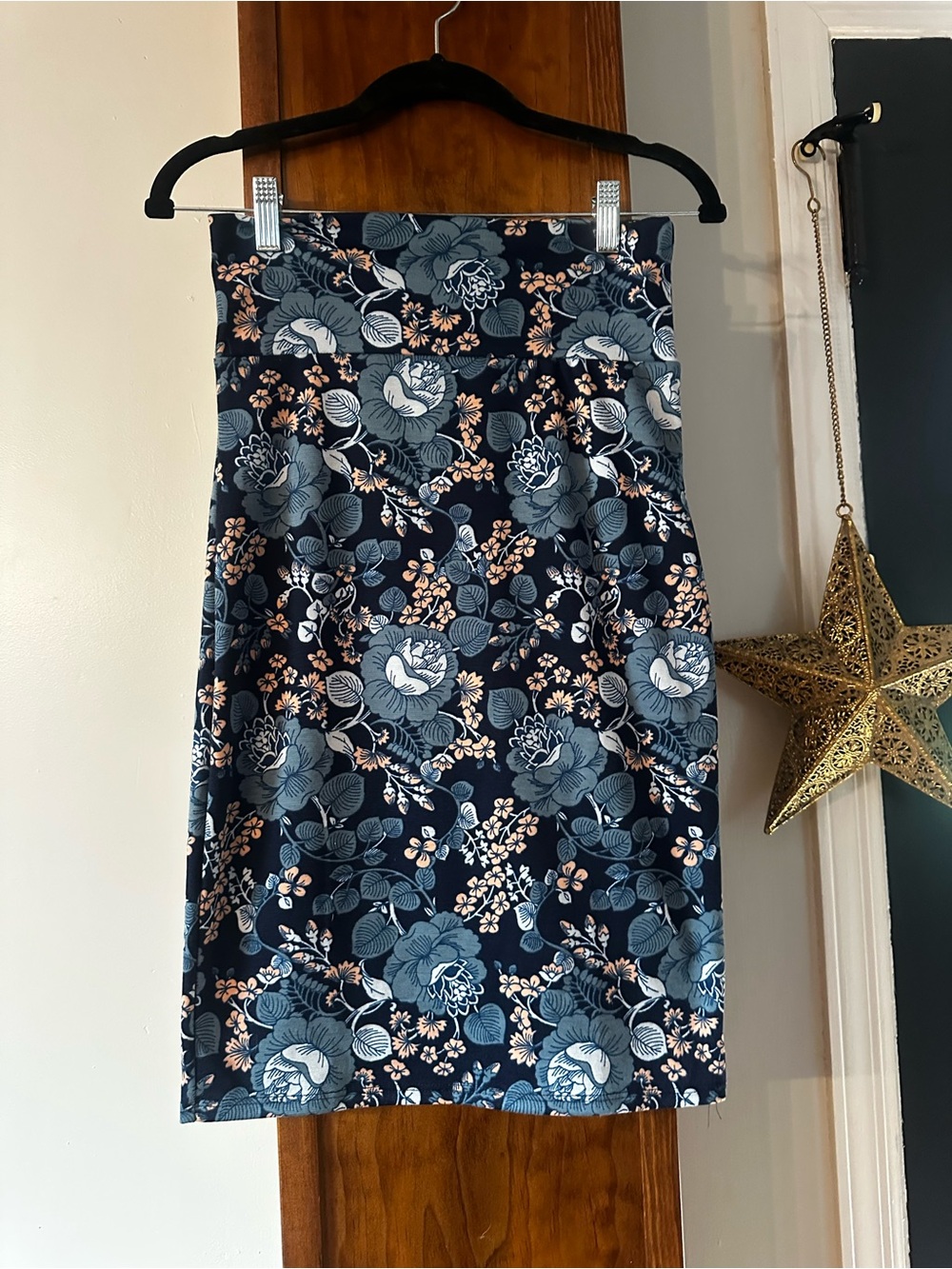 Agnes & Dora Navy Floral Pencil Skirt with Blue and Peach Blooms